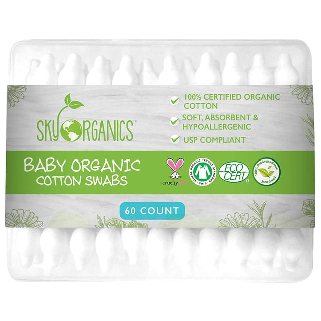 Hisopos de algodón orgánico para bebé Sky Organics, 60 unidades