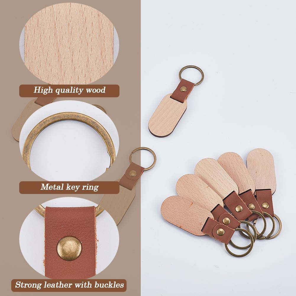 25Pcs Leather Wood Keychains Wood Blank Keychain Bulk Imitation Leather Strap Unfinished Wooden Oval Engraving Pendant Key Chains Tags DIY