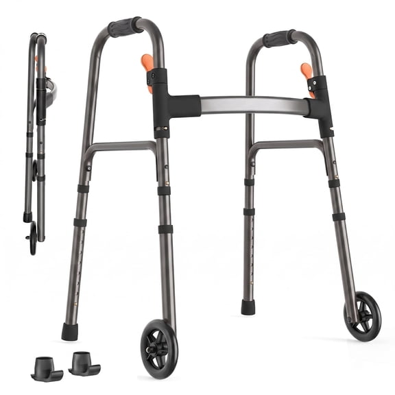Specared Folding Walker for Seniors, Lightweight Rolling Walker with 8 Height Adjustments, One-Hand Folding, 300lbs Capacity for Elderly Adults and Handicap, Gray