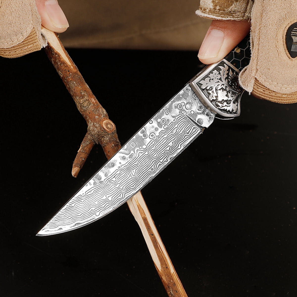 Grow In The Dark Luminous Damascus Pocket Folding Knife Resin Handle With Aluminum Mesh Honeycomb Pattern, Handmade Men Gifts 1pcs