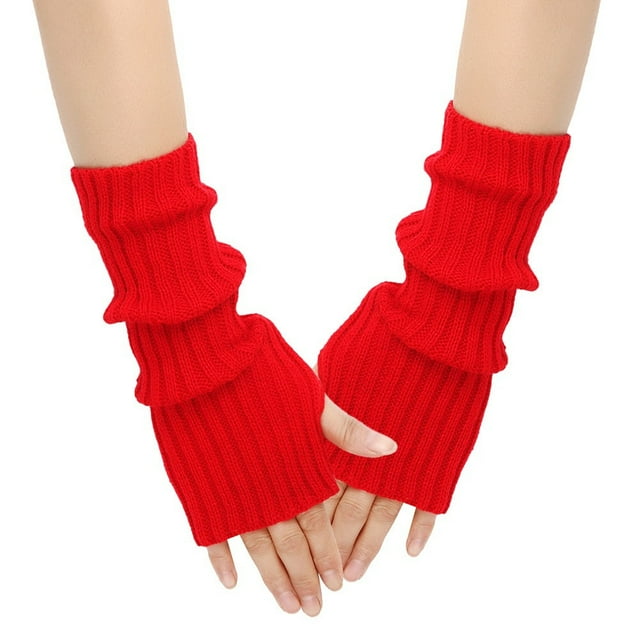 GDREDA Solid Knit Fingerless Mittens Warm Winter Handwear Texting Touchscreen Gloves For Cold Weather And Comfort Red,One Size