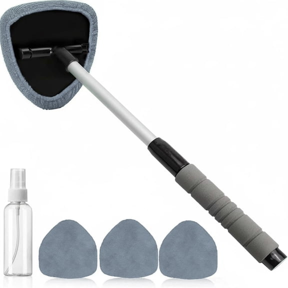 STORGENER Windshield Cleaner Tool, 4 Washable Reusable Microfiber Pads, Extendable Long Handle, Auto Interior & Exterior Glass Wiper Kit for Office and Home, Gray