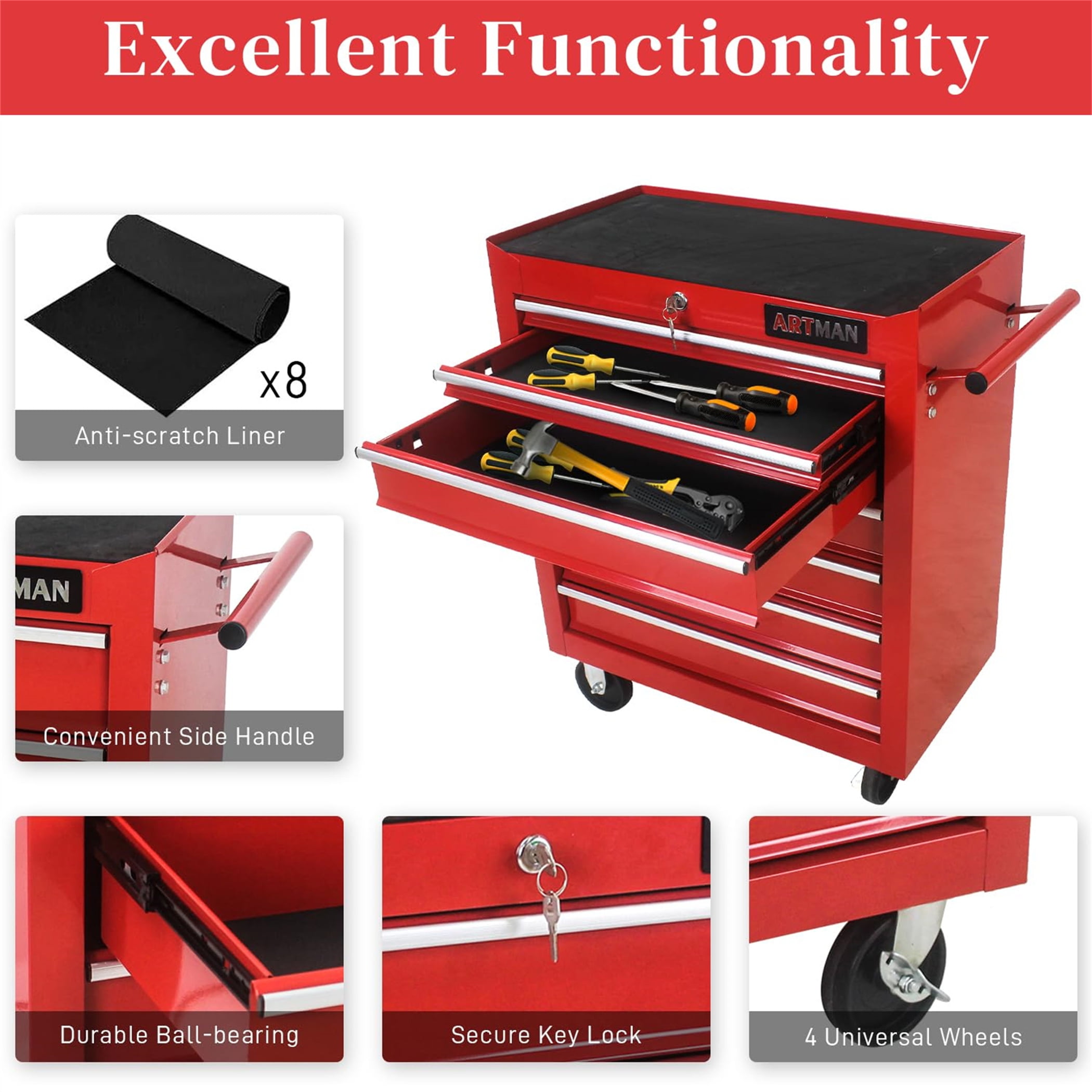 Aukfa Tool Chest, 24.5 in 7-Drawer Steel Rolling Tool Box on Wheels for Workshop Garage, Red