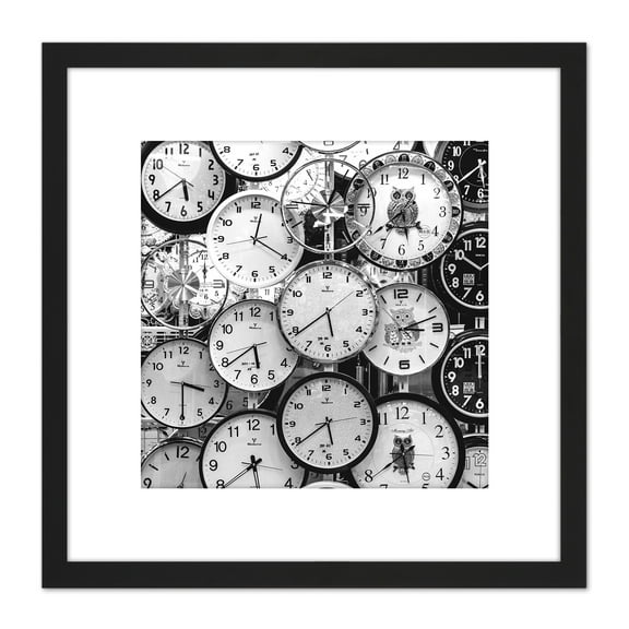 Clock Faces Time Black White Photo 8X8 Inch Square Wooden Framed Wall Art Print Picture with Mount