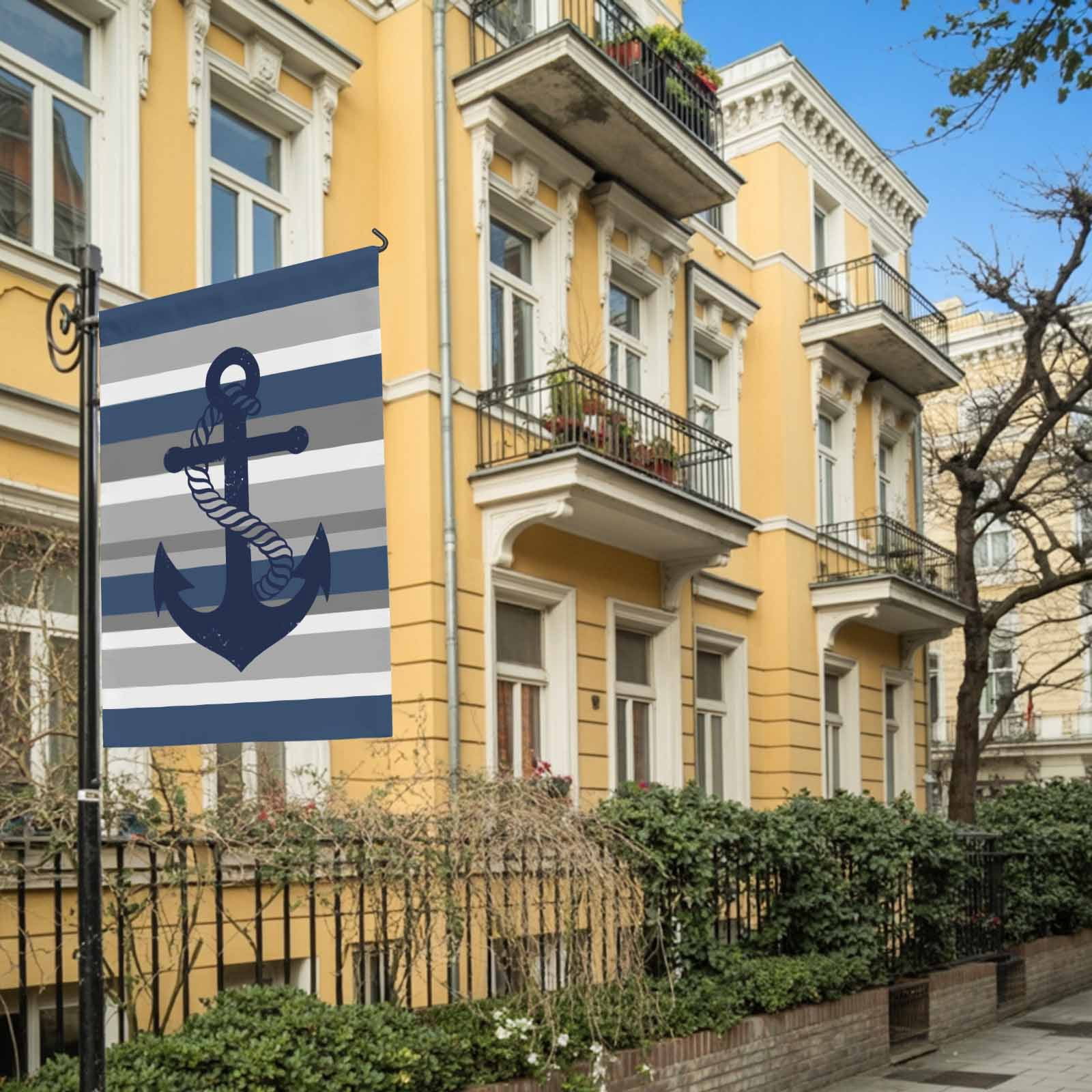 Nautical Anchor House Flag 28 x 40 Inches, Navy Blue Grey Stripe Modern Simplistic Striped Weather Proof Outdoor Patio Flags Double Sided Small House Decoration for Yard Lawn Outside Home