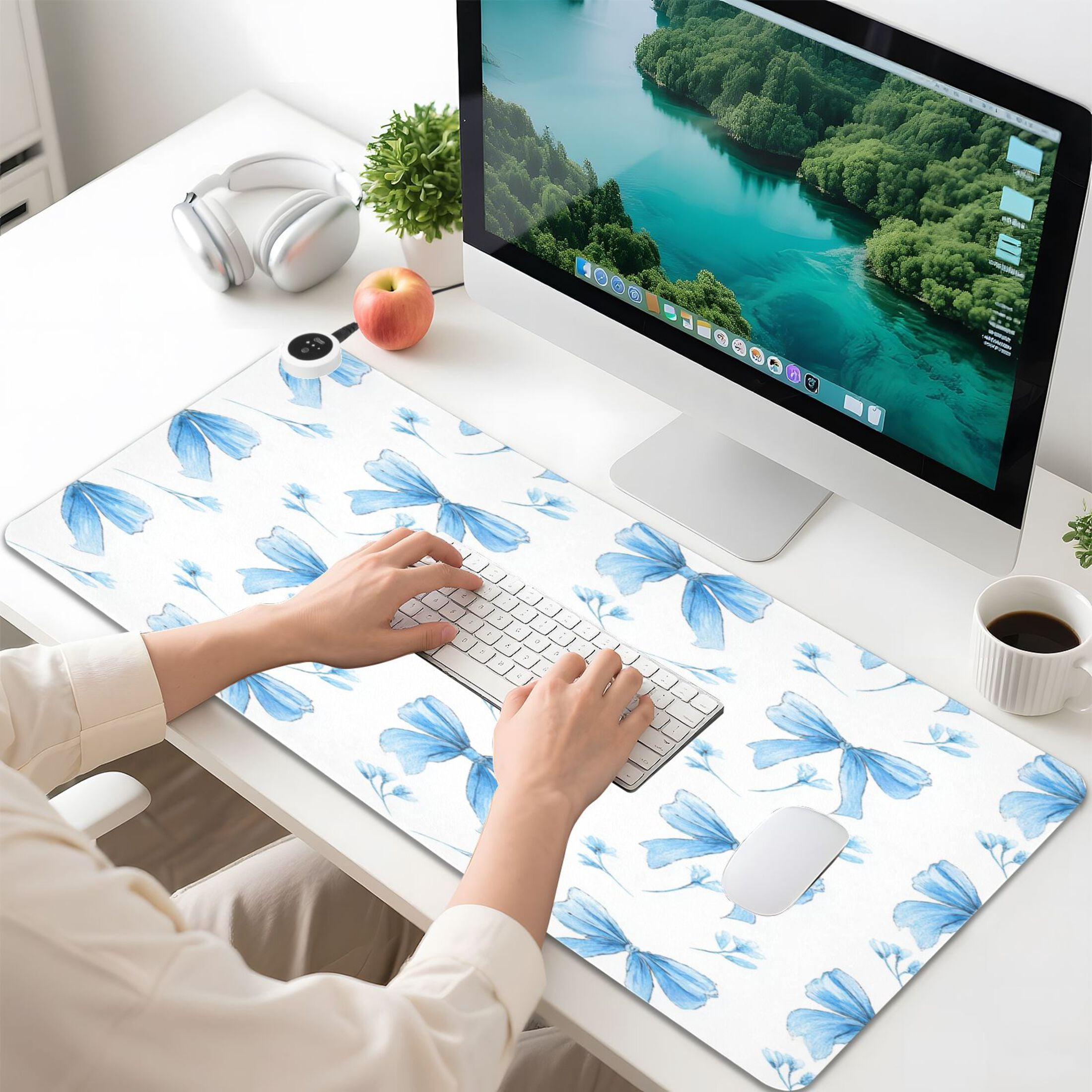 Large Heated Desk Mat Mouse Pad 31.5"x13"PU Leather Graphene Heating Desk Warmer with 3 Temperature Settings 110V US Plug Non-Slip Warm Pad for Home, Office, and Gaming Delicate Blue Bow Pairs