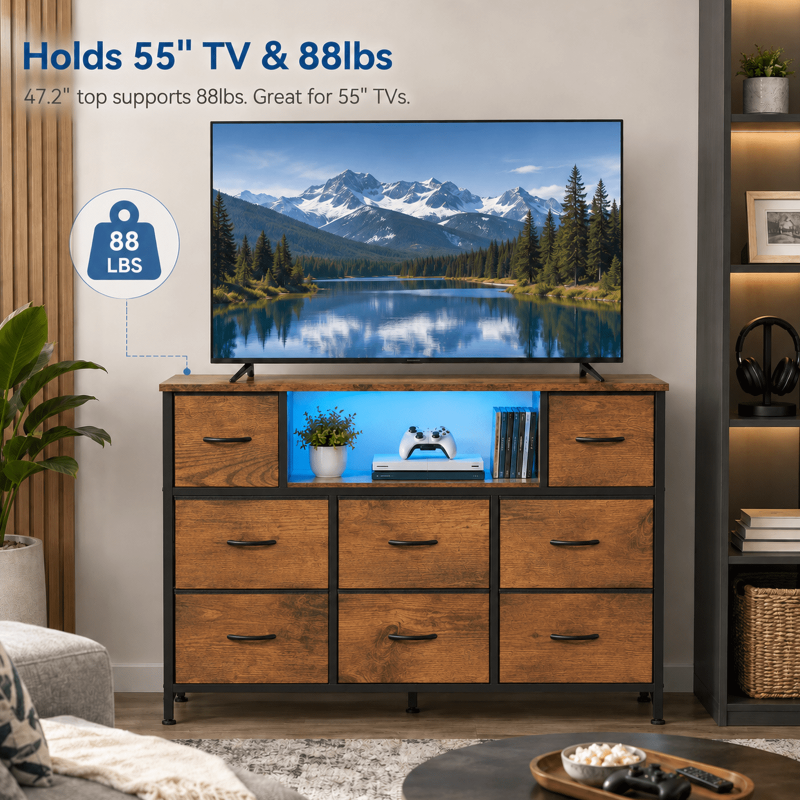 Alvantor Dresser TV Stand for 45, 50, 55 inch TV, Entertainment Center with LED Lights & Charging Station, Chest of Drawers with 8 Fabric Drawers and Open Shelves for Living Room, Hallway, Wood Top