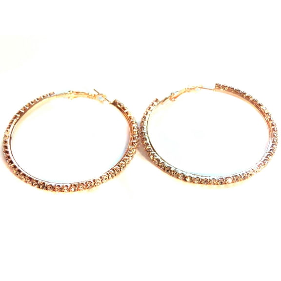Rose Gold Plated Rhinestone Hoop Earrings 2 inch Hoops