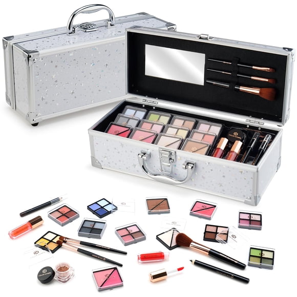 Color Nymph Kit de maquillaje para principiantes con estuche de tren para adolescentes y niñas Juego completo de cosméticos para principiantes incluido 32 colores Sombra de ojos Crema con purpurina Ru