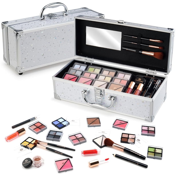 Color Nymph Kit de maquillaje para principiantes con estuche de tren para adolescentes y niñas Juego completo de cosméticos para principiantes incluido 32 colores Sombra de ojos Crema con purpurina Ru
