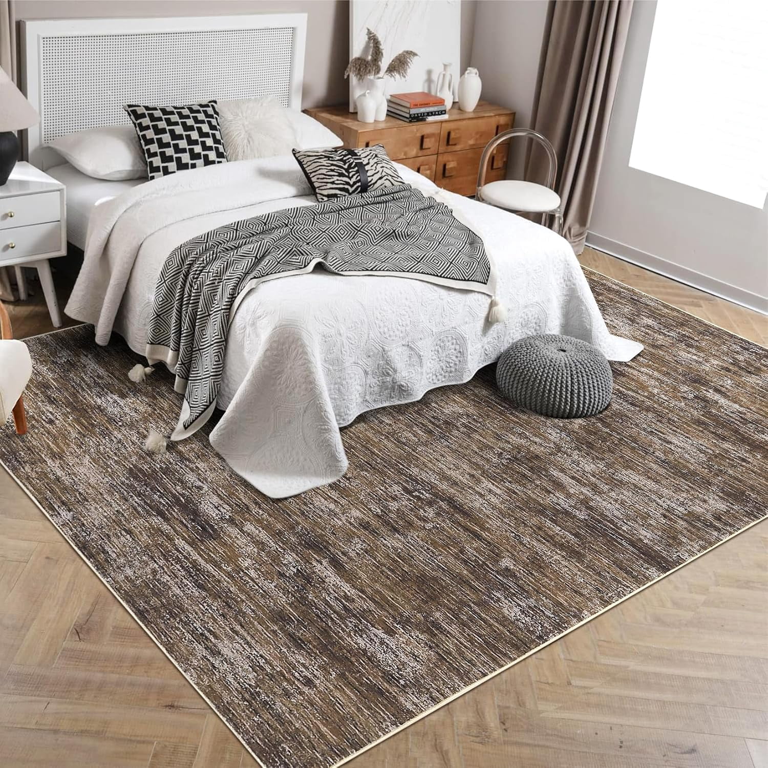 Shininglove Washable Area Rugs 5' x 7' Modern Abstract Plain Texture Living Room Carpet, Contemporary Non-Slip Accent Floor Mat for Bedroom Dining Room(Brown)