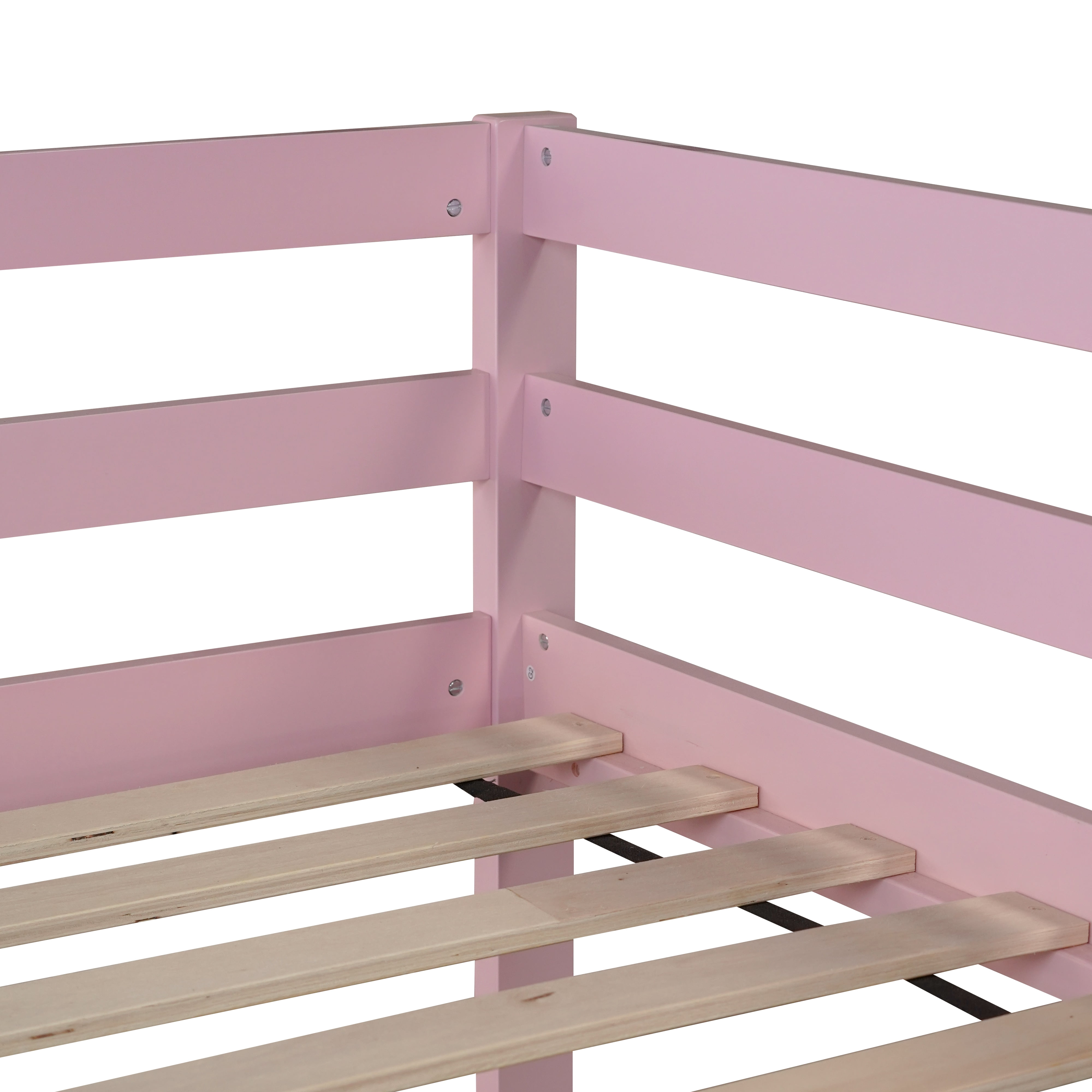Alvantor Twin Over Twin Bunk Bed, Solid Rubber Wood Low Floor Bunk with Ladder, Pink