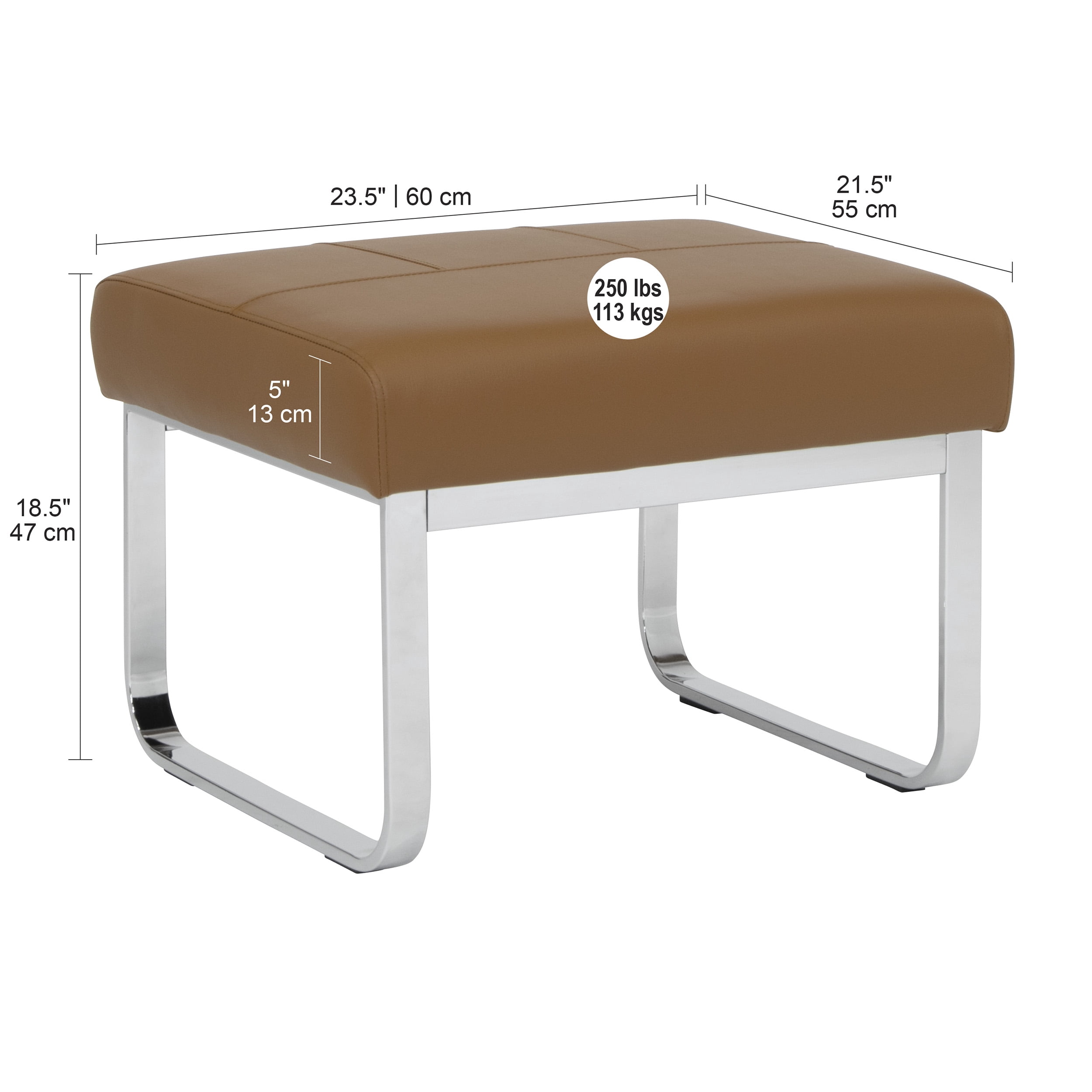 Studio Designs Home Allure Modern Rectangular Thick 5" Cushions Ottoman In Chrome and Caramel Blended Leather