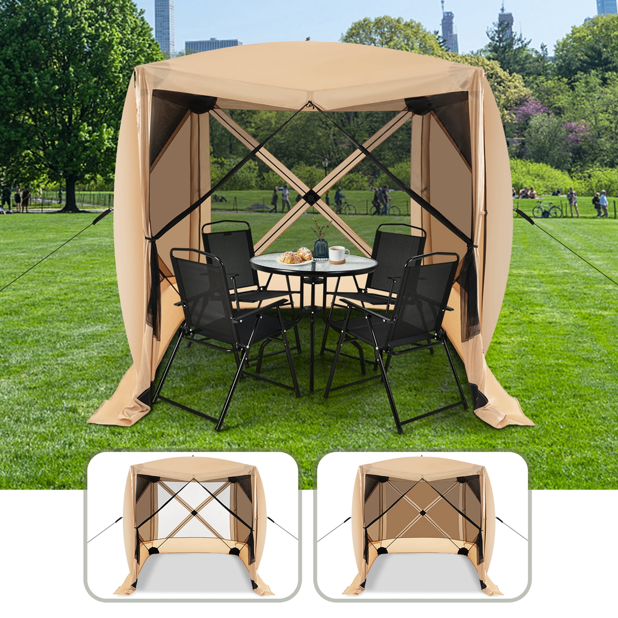 Costway 6.7 FT x 6.7 FT 4-Panel Pop up Camping Gazebo Quick-Set with 2 Sunshade Cloths Coffee