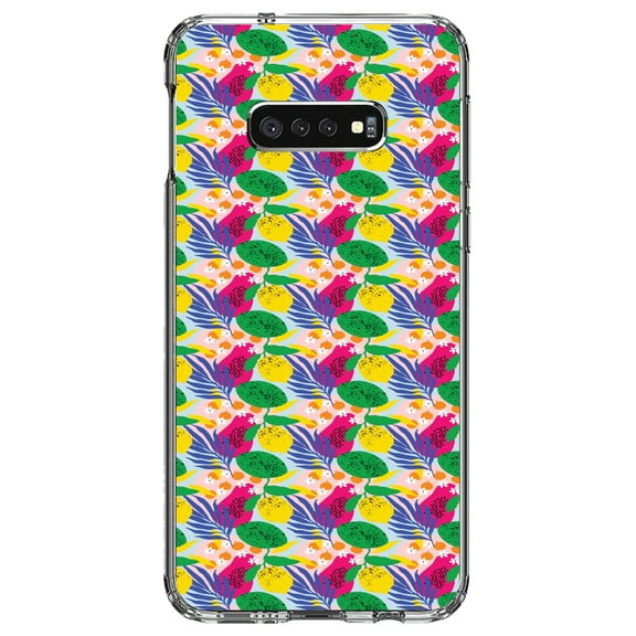 DistinctInk Clear Shockproof Hybrid Case for Samsung Galaxy S10e (5.8" Screen) - TPU Bumper, Acrylic Back, Tempered Glass Screen Protector - Summer Vibes Floral Pattern Pink Green Yellow