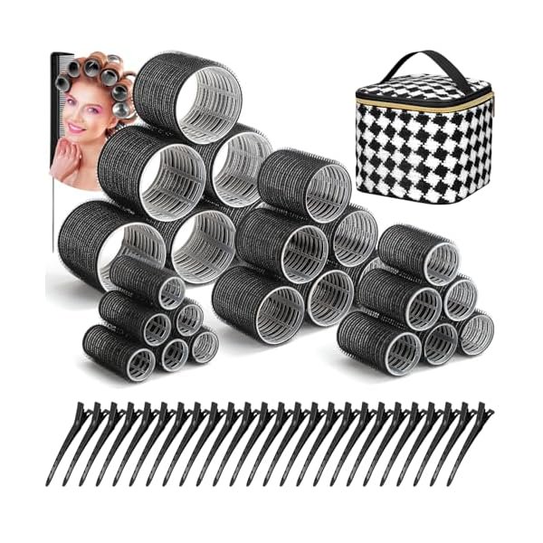 wonima02 50Pcs Rollers Hair Curlers Self Grip Hair Rollers Set with 24Pcs Hair Rollers in 4 Sizes, 24 Pcs Clips and Cosmetic Bag for Blowout Look Long Medium Thick Hair Volume