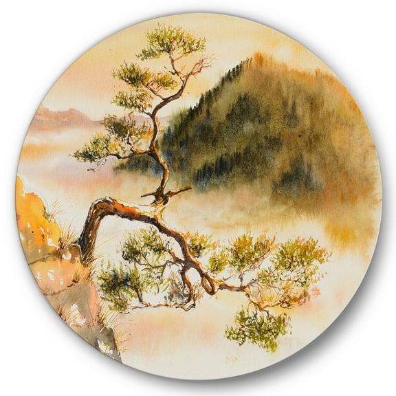 Designart 'The Top of Sokolica Peak With Curved Pine Tree' Traditional Circle Metal Wall Art 36x36 - Disc of 36