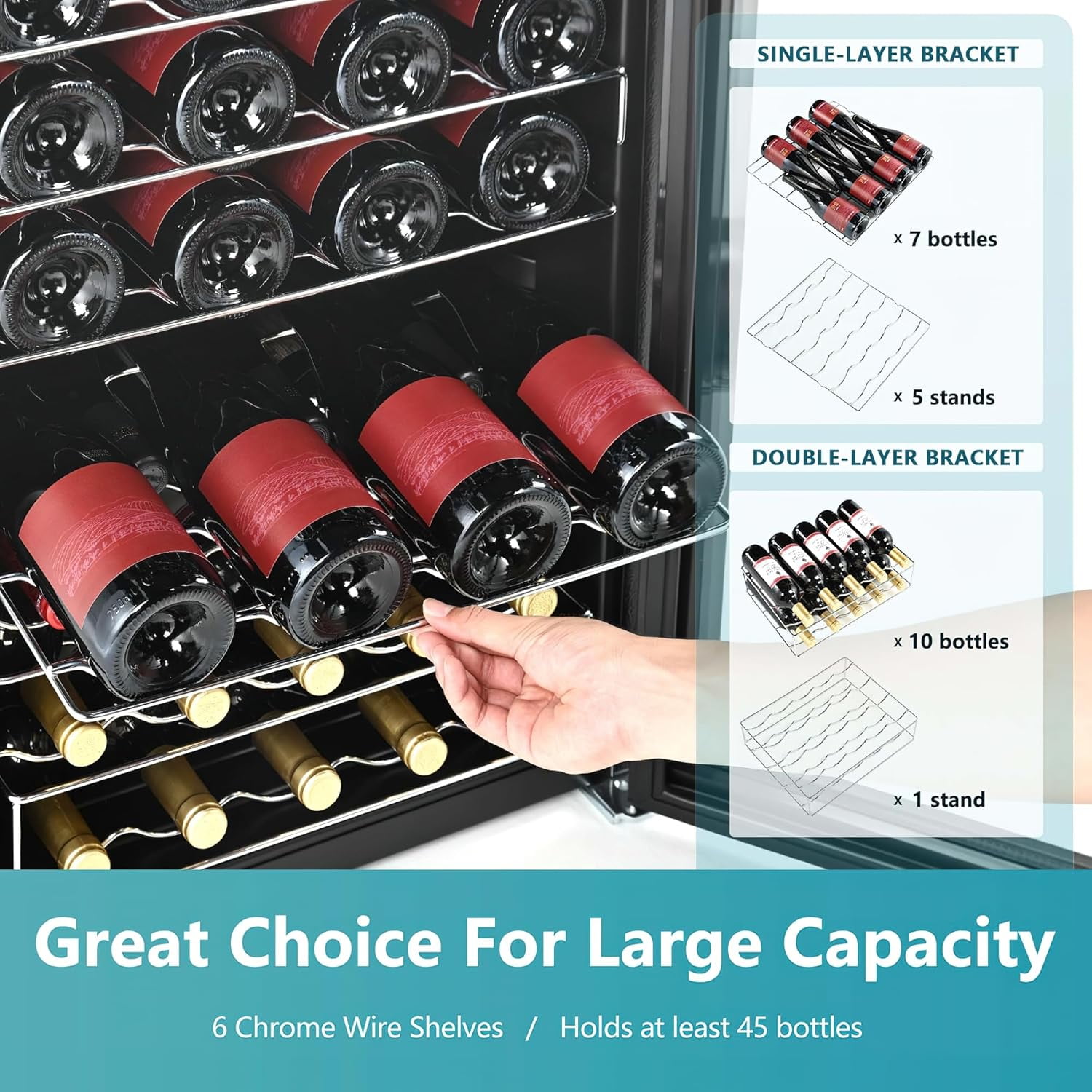 EUHOMY 44 Bottle Wine Cooler Refrigerator, Small Built-in Wine Fridge for Red, White and Champagne, 4.4 Cu.ft Mini Fridge with Adjust Temperature, Black