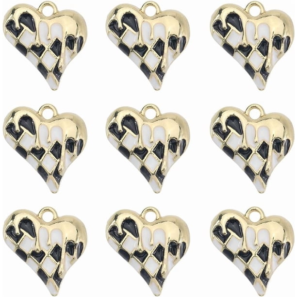 1 caja de 12 dijes de cuadros blancos y negros, dijes de corazón esmaltados, aleación de metal, dorados, elegantes colgantes de San Valentín con diseño de tablero de ajedrez.