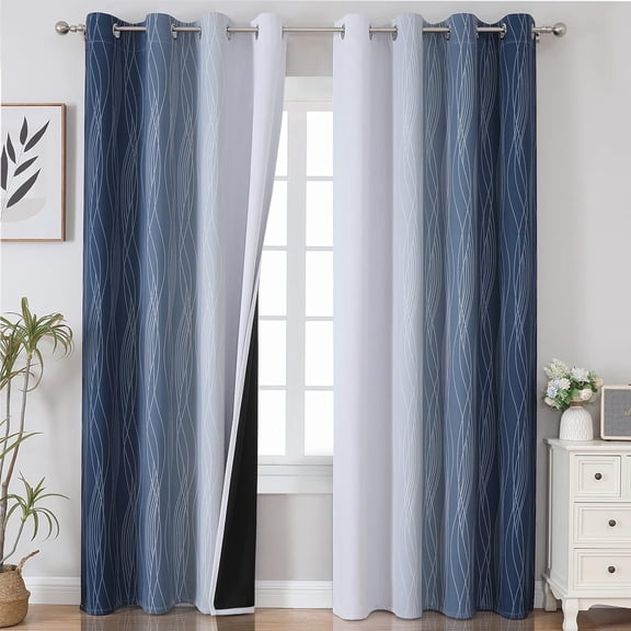 Navy Blue and Greyish White Blackout Curtains for Bedroom 84 Inches Long, Full Room Darkening Grommet Curtains for Living Room,Thermal Insulated Ombre Drapes,52Wx84L,2 Panels