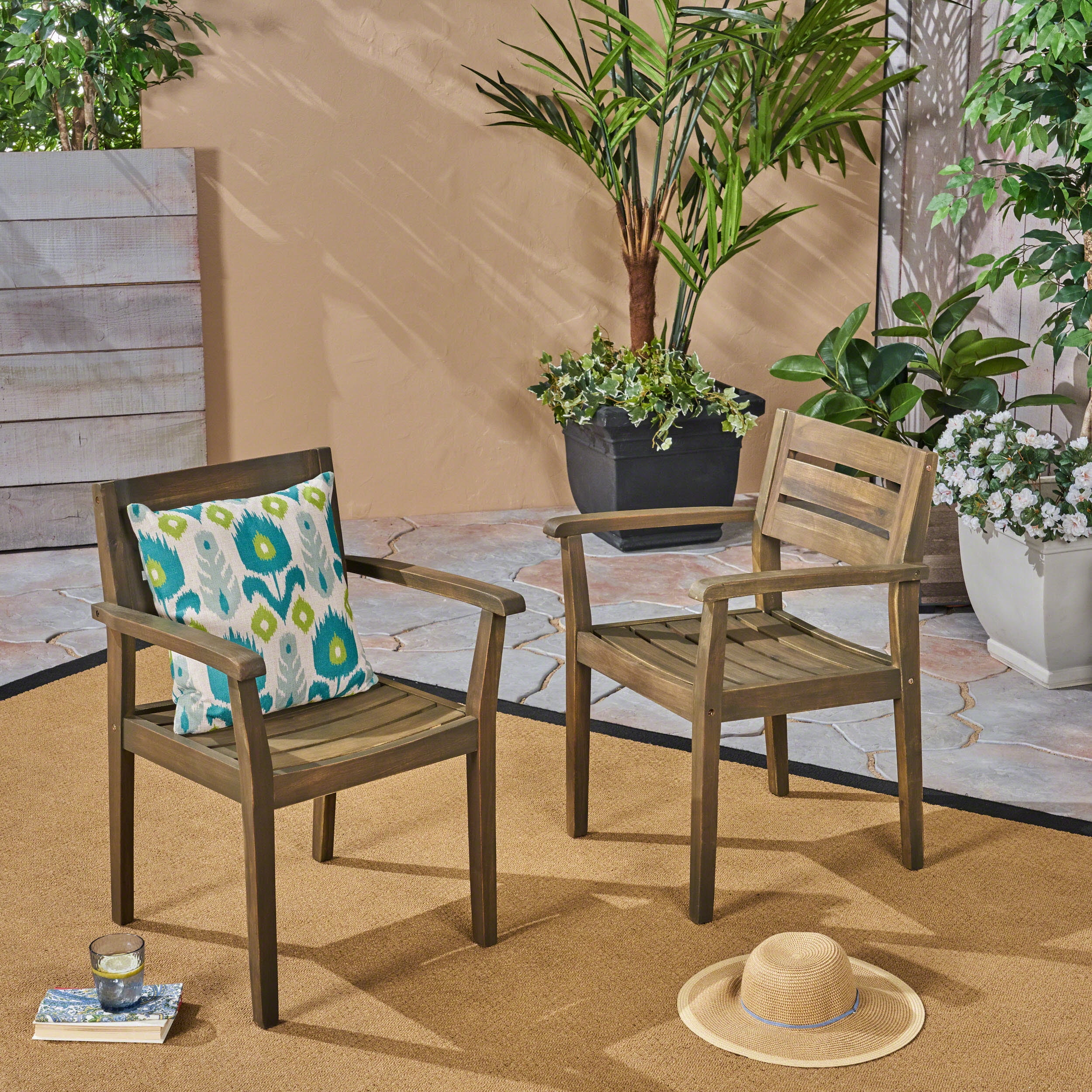 Dining Chairs Set of 2, Stamford Outdoor Acacia Wood Armchairs for Backyard Poolside, Grey