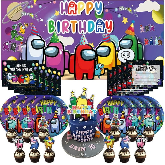 Among Us Invitation Cards Invite Party Supplies Decor Decorations Banner Plates Background Fans Backdrop