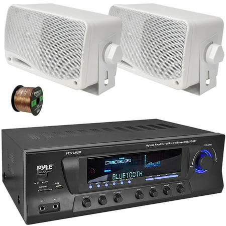 Pyle PT272AUBT High-Power 300 Watt Max Bluetooth Home Theater Amplifier Receiver with AM/FM Radio, MP3 & USB Playback, 2x 3.5'' 200W Max Power 3-Way Weatherproof Mini Box White Speakers W/50 Feet Wire