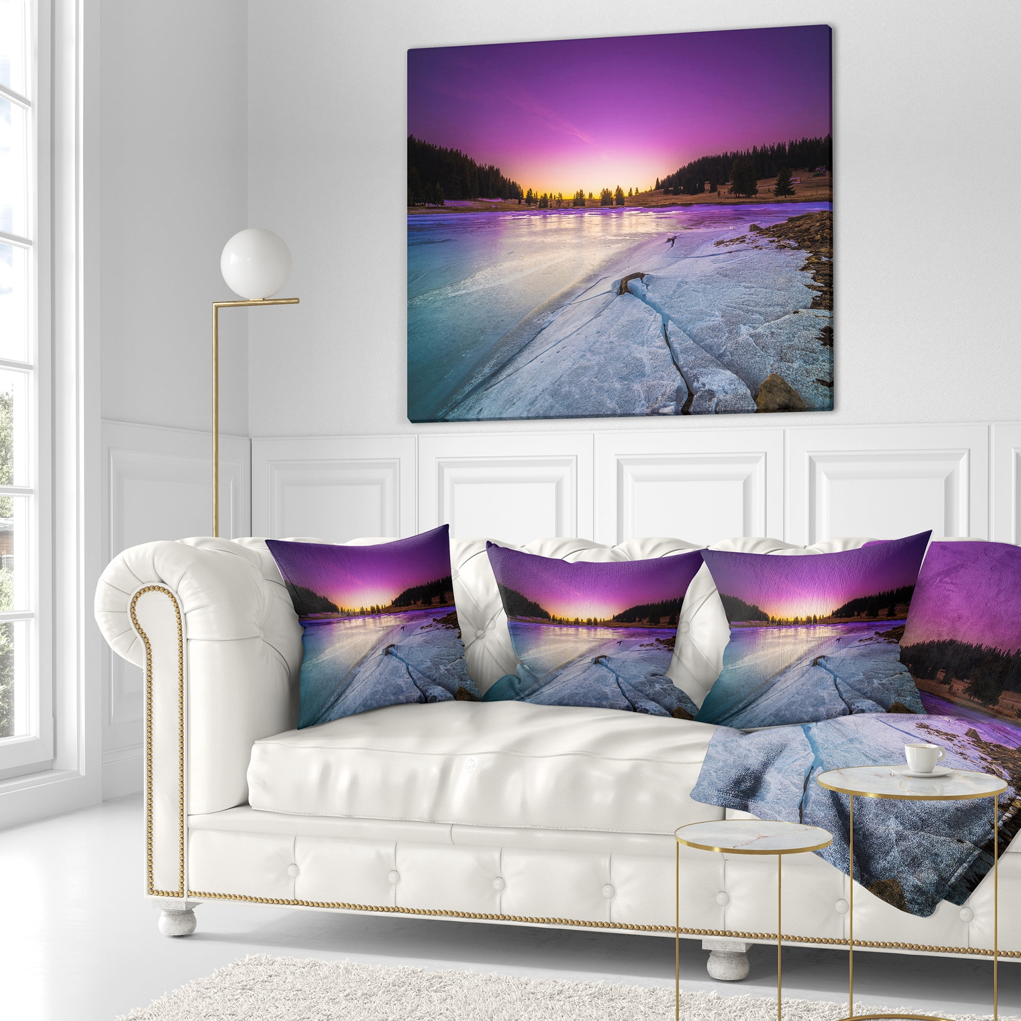 Designart Sunrise over Frozen Lake - Landscape Printed Throw Pillow - 18x18