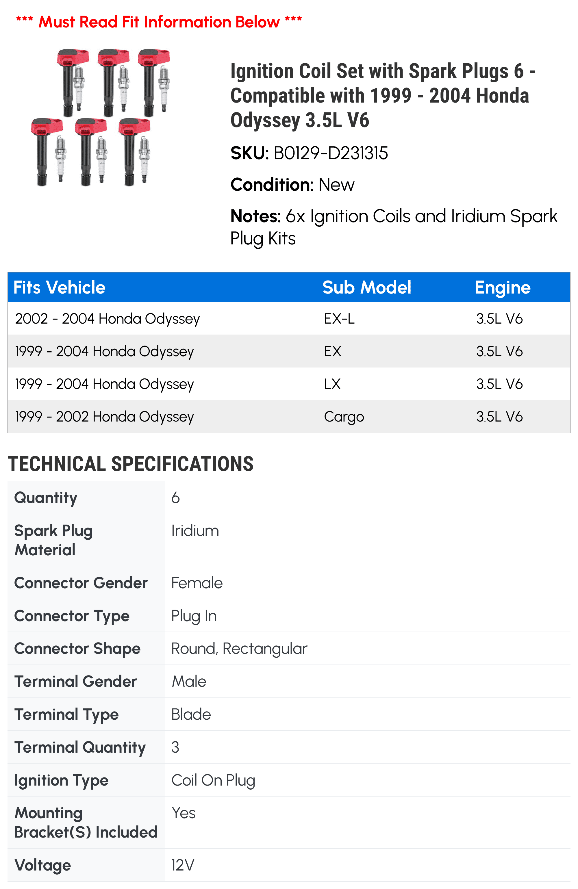 Ignition Coil Set with Spark Plugs 6 - Compatible with 1999 - 2004 Honda Odyssey 3.5L V6 - Autopart Premium