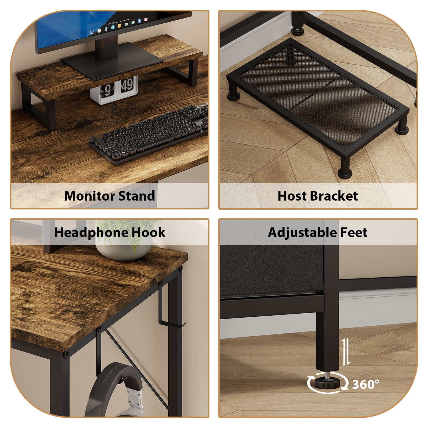 GIKPAL L Shaped Computer Desk  with Drawer, Reversible Gaming Desks Corner Desk with Storage Shelves & Monitor Stand, Home Office Desk Workstation, Brown