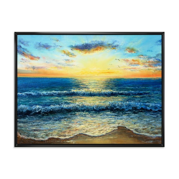 Sunrise Glow On The Ocean Waves I 20 in x 12 in Framed Painting Canvas Art Print, by Designart