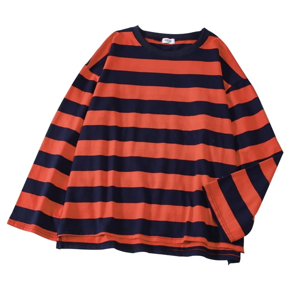 Women Autumn Casual Blouse Long Sleeve Round Neck Oversized Loose T-Shirts Stripe Pullover Top