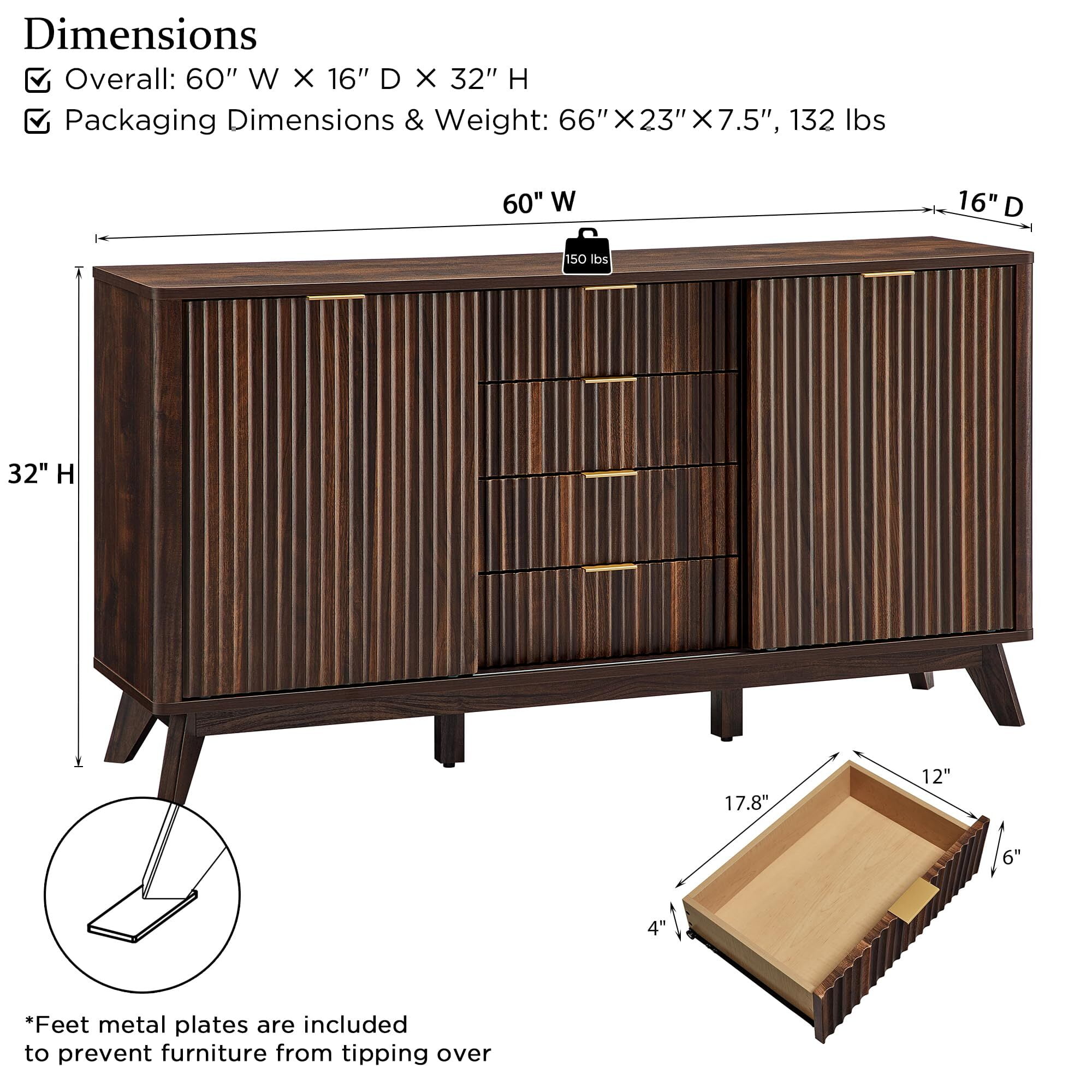 OKD 60" Fluted Wood Dresser with Sliding Doors and 4 Drawers, Modern Chest with Faux Marble Top, Chest of Drawers for Bedroom, Living Room, Dark Walnut
