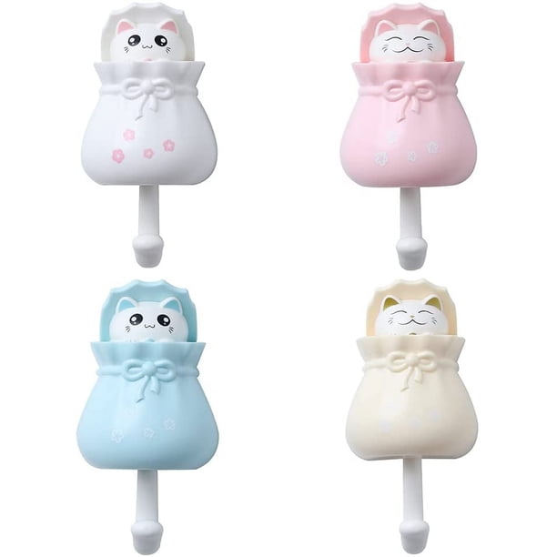 Paquete de 4 ganchos para abrigos de gato de la suerte, viscosa fuerte sin perforaciones, bonito gancho de pared para colgar sombreros, abrigos, llaves y toallas, ganchos creativos para decoración de