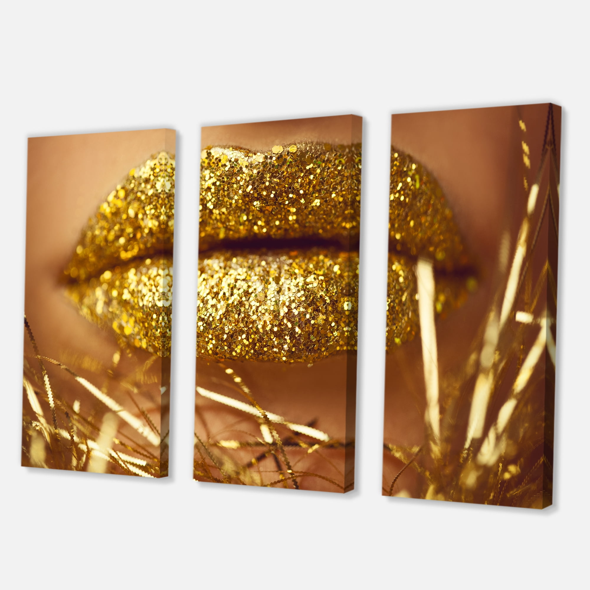 Designart ' Golden Female Lips ' Modern Canvas Wall Art Print