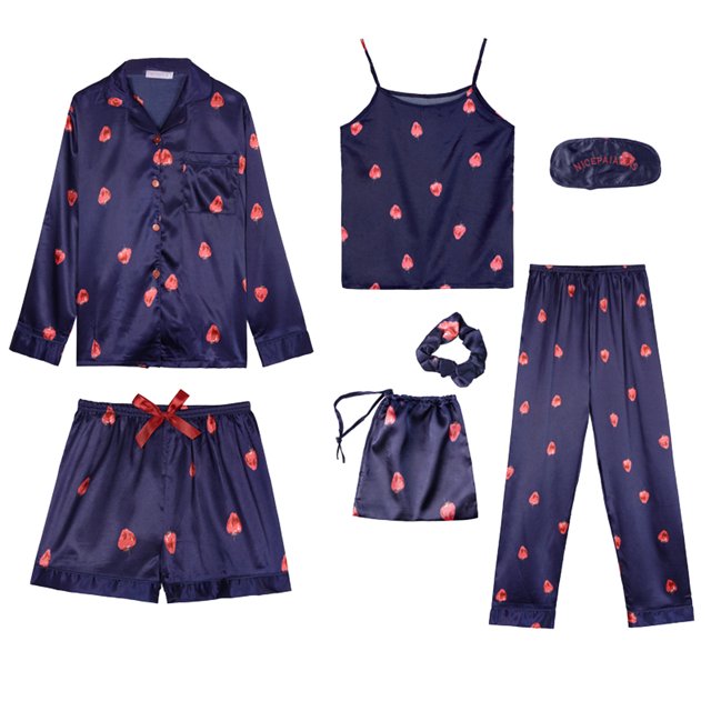 Gibobby Pijamas mujer invierno Conjunto de siete piezas para mujer, pantalones cortos de manga larga(Azul,XL)