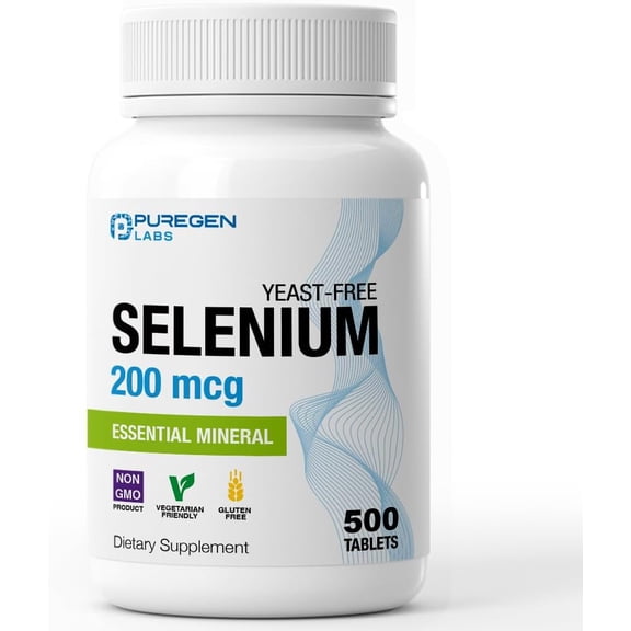 Puregen Labs Selenium 200mcg  for Immune and Antioxidant Support (500 Veggie Tablets)