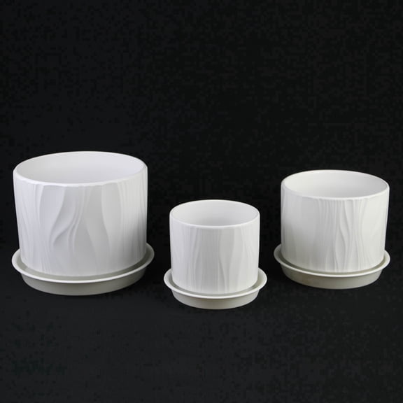 Stoneware Round Planter Set of 3 with Drainage Holes, White Textured Ceramic Flower Pots With Plastic saucer