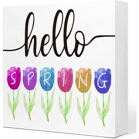 Zomyto 5x5 In Spring Desk Decor,Hello Spring Wooden Box Sign Rustic Flower Spring Wood Block Plaque