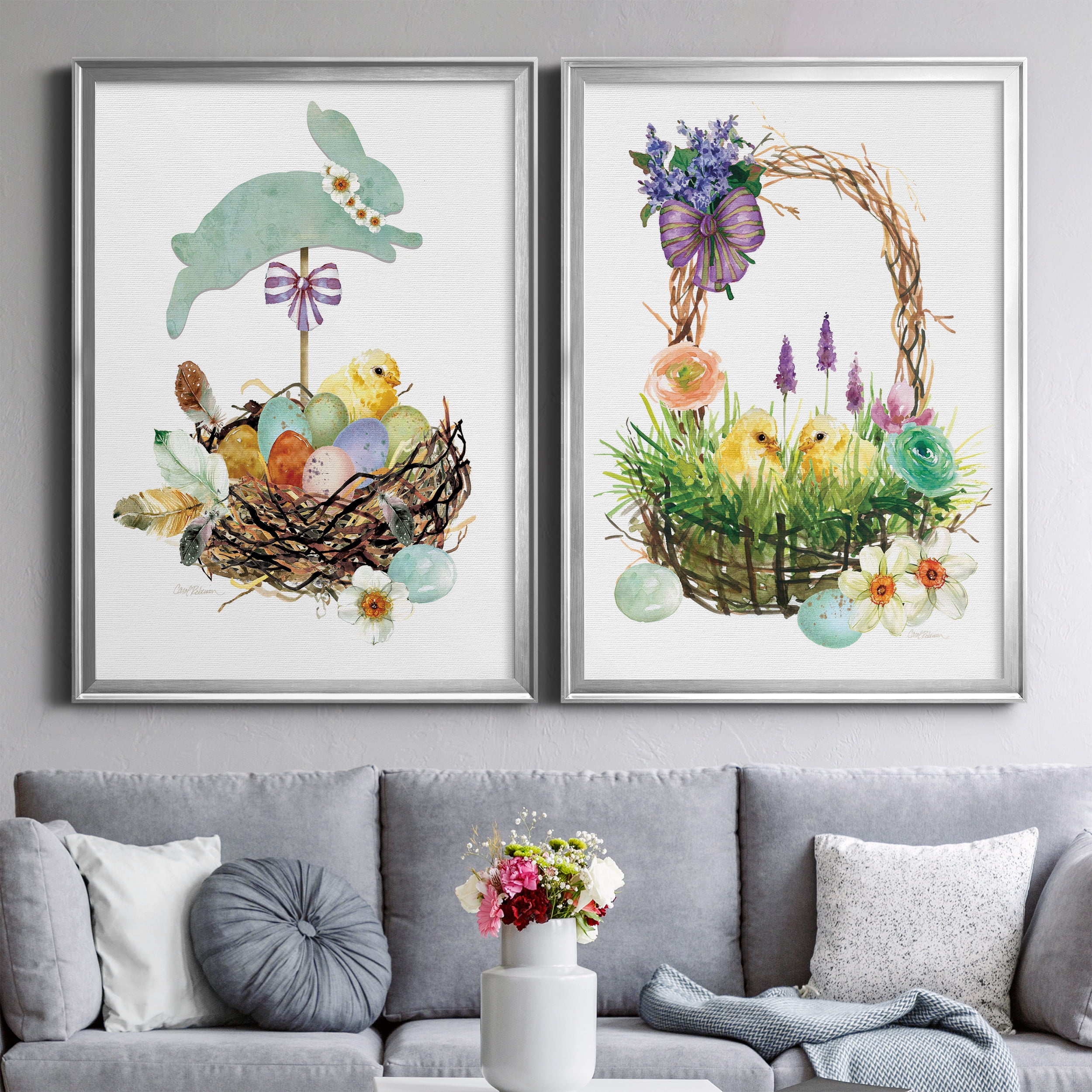 2 Piece Set Bunny Hop Premium Framed Canvas - Ready to Hang - 26.5 x 36.5 Each - Silver Frame
