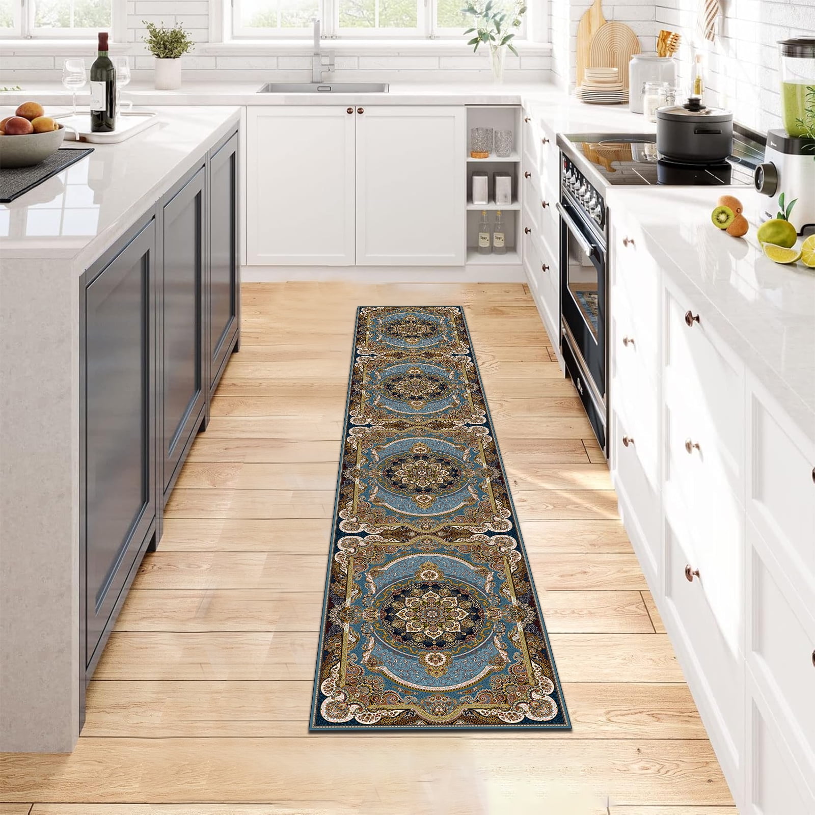 Mitzzllc Runner Rug 2'x10' Non Slip Hallway Vintage Rugs,Machine Washable Long Floor Carpet Entryway Area Rugs,Blue and Black