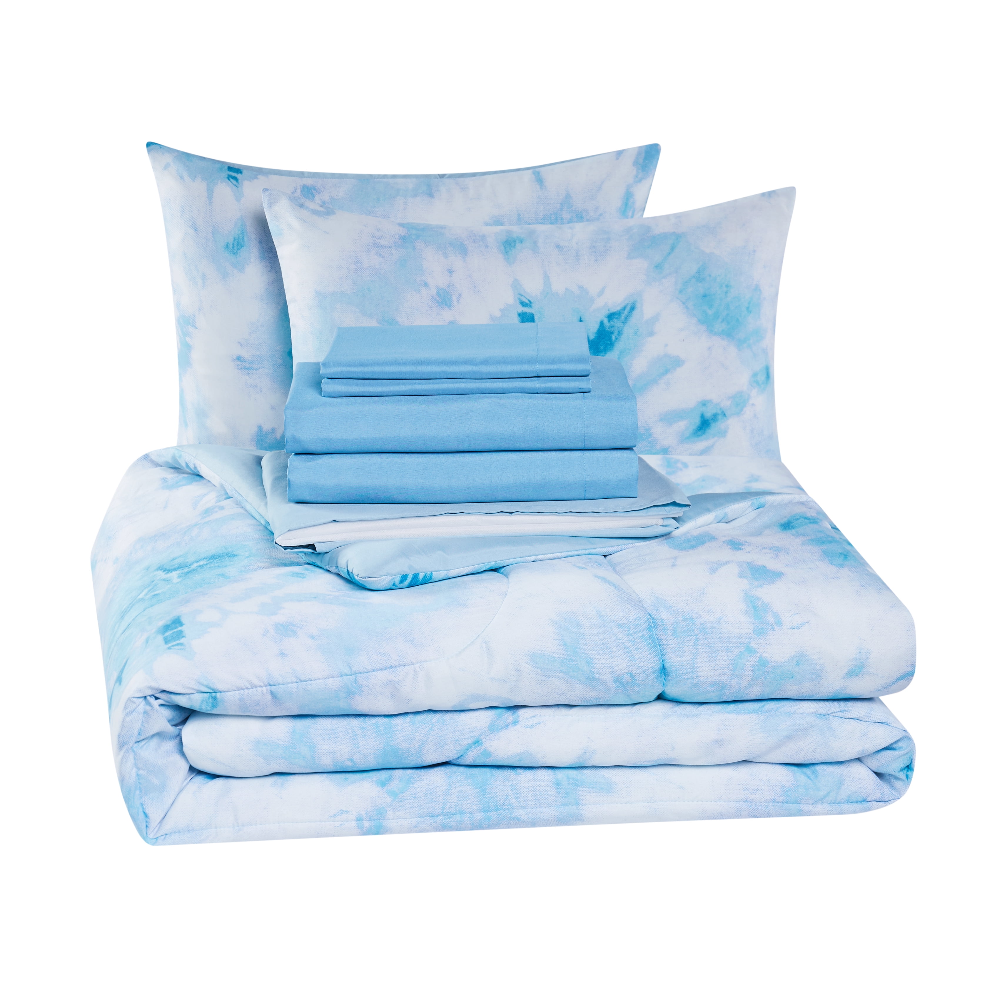 Mainstays Blue Tie Dye 8 Piece Bed in a Bag Comforter Set with Sheets, Queen