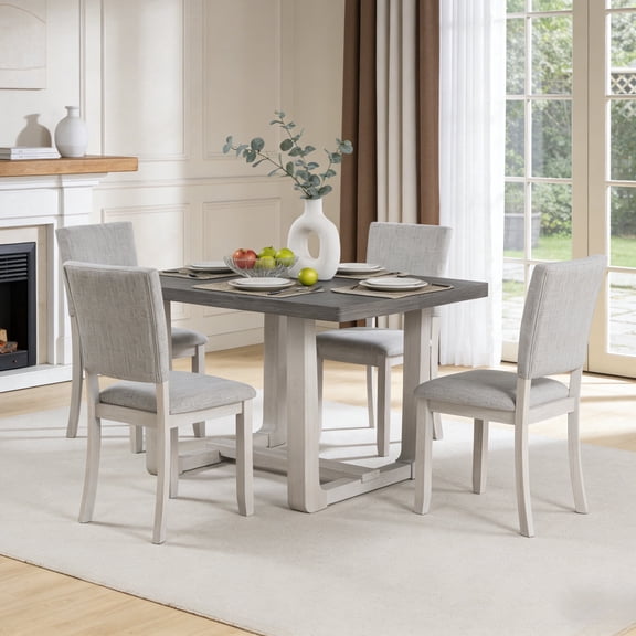 48Inch Kitchen Table 5-Piece Solid Wood Rectangular Dining Room Set with 4 Upholstered Chairs for Kitchen & Dining Room, Gray