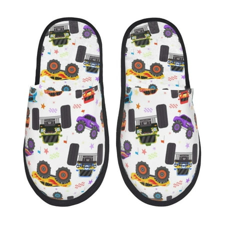 Balery Cartoon Monster Trucks1 Slient Indoor Furry Fleece Comfort House Shoes Soft Non-Slip Home Shoes Cotton slippers House Slippers-- Large