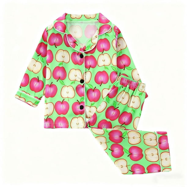 Conjunto de pijama de dos piezas para niños, de poliéster, con cuello vuelto, manga larga, estampado informal, top de solapa y pantalones largos.