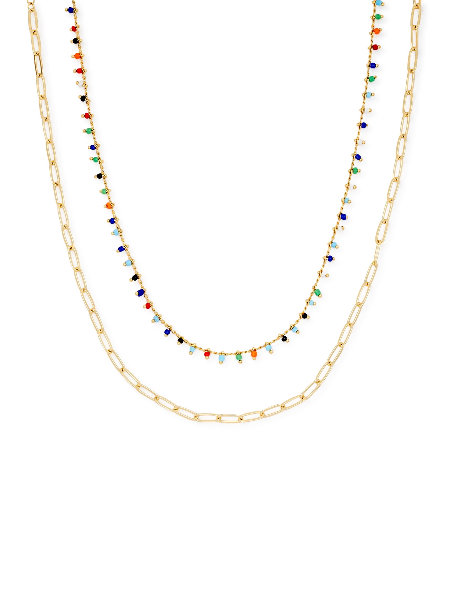 Scoop Womens 14K Gold Flash-Plated Link Chain and Multi-Color Bead Charm Necklace Duo, 2-Piece
