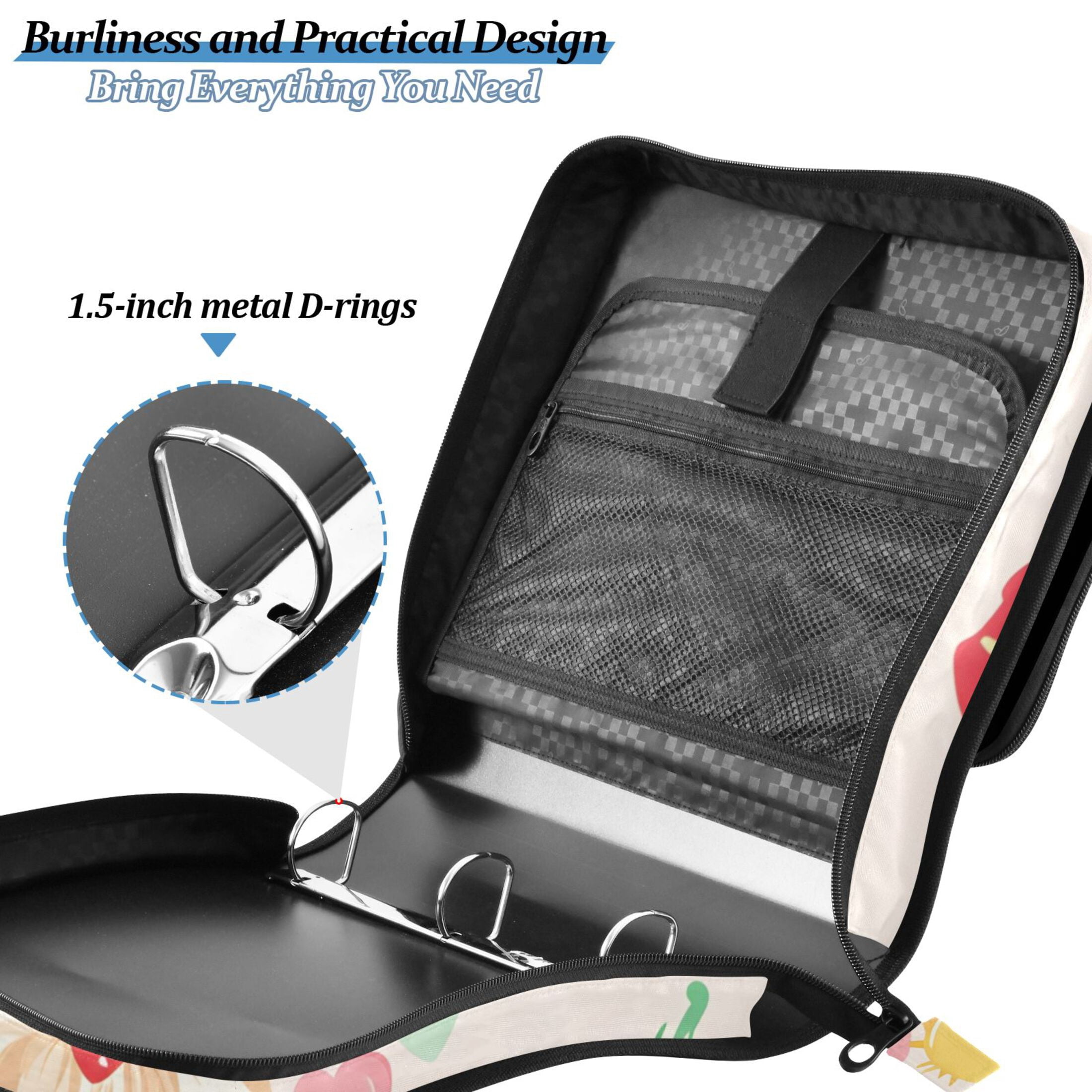 3 Ring Zipper Binder with Shoulder Strap Waterproof Trapper Keeper 2 Inch D-Ring 500 Sheets Capacity Dog Banana Strawberry Sun
