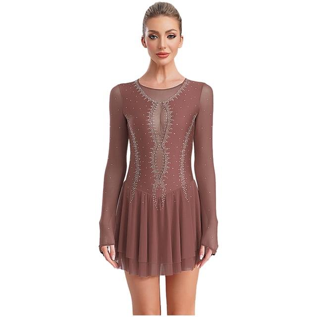 Runhomal Robe de Danse Lyrique pour Femmes Patchwork en Maille Manches Longues Justaucorps Costume de Danse Moderne Rose Poussiéreux S