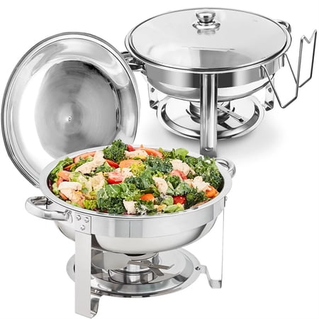 2 Pack Chafing Dish Buffet Set, 5QT Round Buffet Chafe Warmer Set, Chafing Dish Buffet Food Warmer with Stainless Steel Lid & Holder for Home Garden Wedding Events, Silver