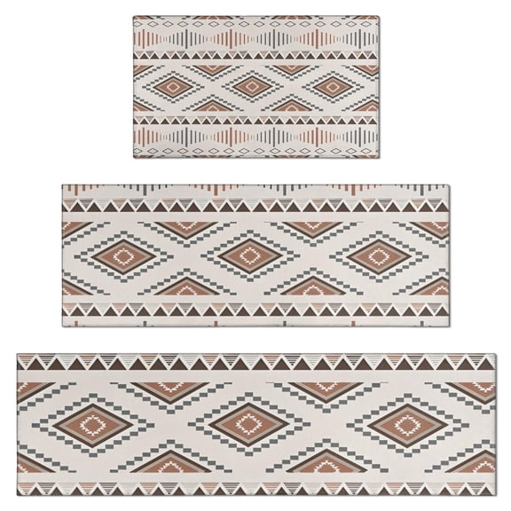 Brown Triangular Geometric Pattern Kitchen Rugs Sets Of 3,Kitchen Runner Rugs Non Skid Washable,Decorative Kitchen Floor Mats for Kitchen,Sink,Laundry,17"x30" 17"x47" 17"x59"